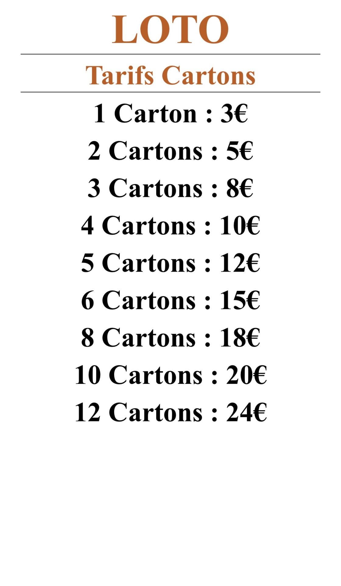 Tarifs des cartons